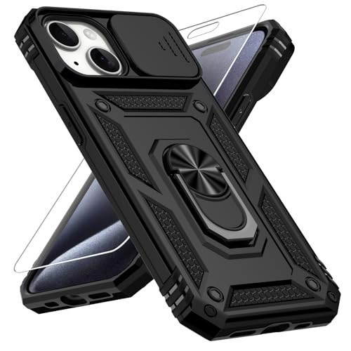 Coque iPhone 15 Plus avec protège-caméra coulissant et anneau magnétique noir