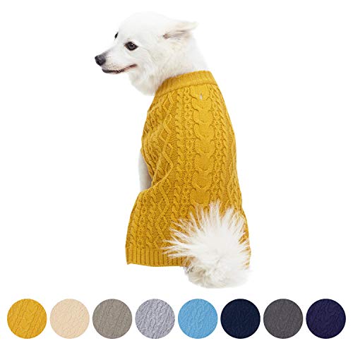 Blueberry Pet Classic Wool Blend Cable Knit Pullover Dog Sweater in Mustard, Back Length 12