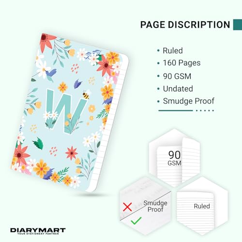 Image of Initial W Premium Soft Bound Notebook Diary for Girls and Women (B6, 90 GSM, 160 Ruled Pages) Floral Design Notebook Journal Diary