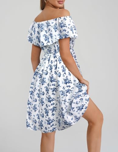 Image of Womens Off Shoulder Ruffle Floral Wedding Guest Dresses A Line Shift Short Skater Dress