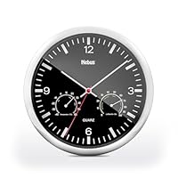 MEBUS Quarz-Wanduhr mit Thermometer und Hygrometer/silberner Rahmen/schwarzes Zifferblatt / 25cm Durchmesser/Rund/Modell: 56731 / Farbe: Silber, Schwarz