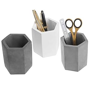 MyGift Set of 3 Cement Decorative Hexagon Multi-Colored Desktop Pen Holder and Pencil Office Supply Stationary Storage Cups (White, Gray, Black),