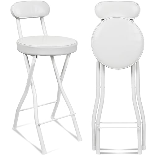 UWEAR Folding Bar Stool with Back Tall Foldable Stool Seat Padded Portable Stools Counter Height Foldable Stools Chairs Collapsible Stool for Adults Kitchen Island Guitar Barstools (White)