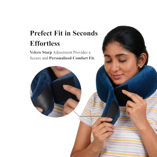 Image of Travel Neck Pillow, 100% Hi-Per Memory Foam Airplane Neck Pillows for Comfortable Sleeping,Travel Pillow for Flights with Adjustable Velcro Strap, Lightweight, Free Carry Bag (Sapphire Blue)