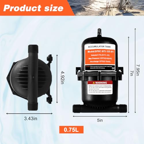 Image of Pre-Pressurized RV Accumulator Tank 0.75L 125PSI,1 /2 MNPT Port Fitting,Reduces Pump Cycling and Smooths Water Flow for Marine, RV, and Off-Grid Systems (0.75L-125PSI-Accumulator Tank)