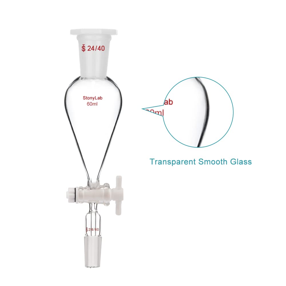 stonylab Imbuto Separatore con Rubinetto di Arresto PTFE, Imbuto Separatore Conico a Forma di Pera da 60 ml in Vetro Borosilicato a Parete Pesante con 24/40 Giunti