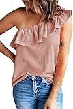 Dokotoo One Shoulder Tank Top for Women Summer Fashion 2025 Casual Shirred Neck Ruffle Cold Shoulder Blouses Loose Fit Cute Pink Tunic Shirts Medium