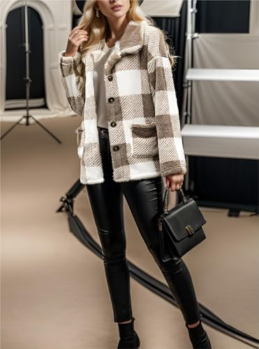Women Fleece Jackets Casual Plaid Shacket Button Down Jacket Coats Lapel Long Sleeve Coat Outwear with Pockets2
