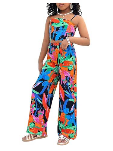 Image of Floerns Girl's 2 Piece Outfit Hawaiian Tropical Crop Cami Tops and Boho Pants Set