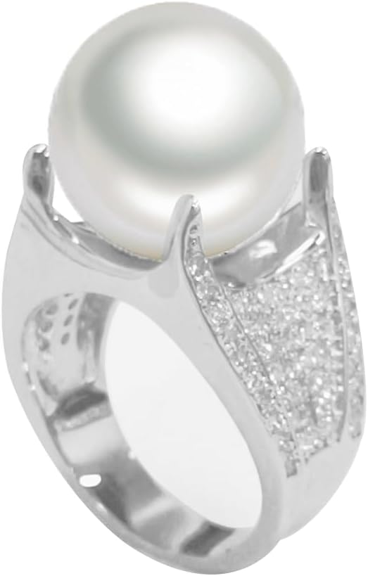 OIDIMS Elegant Pearl Cubic Zirconia Wedding Statement Band Ring Sparkling Fashion CZ Crystal Personalized Trendy Middle Finger Rings Jewelry Gift for Women Comfort Fit Cocktail Party Accessories