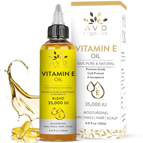 AVD ORGANICS Vitamin E Oil For Skin - 100% Pure & Natural, 35,000 IU | Premium Grade, Cold-Pressed and Tocopherol to Repair Dry, Damaged Skin| Moisturizing Skin, Hair and Scalp 4 Fl Oz