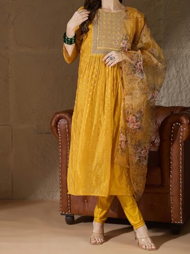 Image of Women's Chanderi Kurta with Legging and Dupatta | Modern & Traditional Blend Ethnic Wear Set | Festive & Casual Summer Kurti with Pants for Party Office & Ethnic Occasions