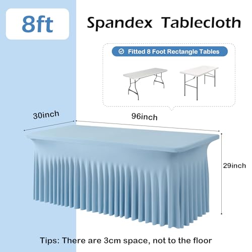 Image of NSSONBEN 2 pk Dusty Blue Spandex Tablecloth for 8 Foot Rectangle Tables,Wrinkle Free Fitted Spandex Table Covers 8ft Stretch Table Cloths with Ruffle Skirt for Parties Weddings Banquet Baby Shower