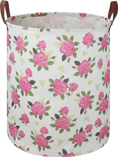 Image of HKEC 19.7" Pink Flower Laundry Basket,Kids Dirty Clothes Laundry Hamper,Waterproof Toys Storage Bin for Girls,Room Decor,Gift Baskets,Baby Nursery Hamper(Rose)