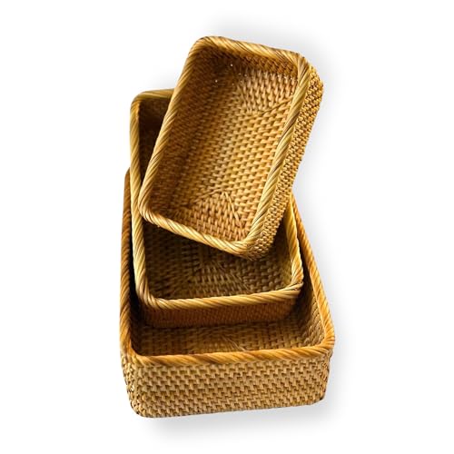 PYNAMIS Natural Rattan Woven Baskets, Rectangular Wicker Basket for Organizing