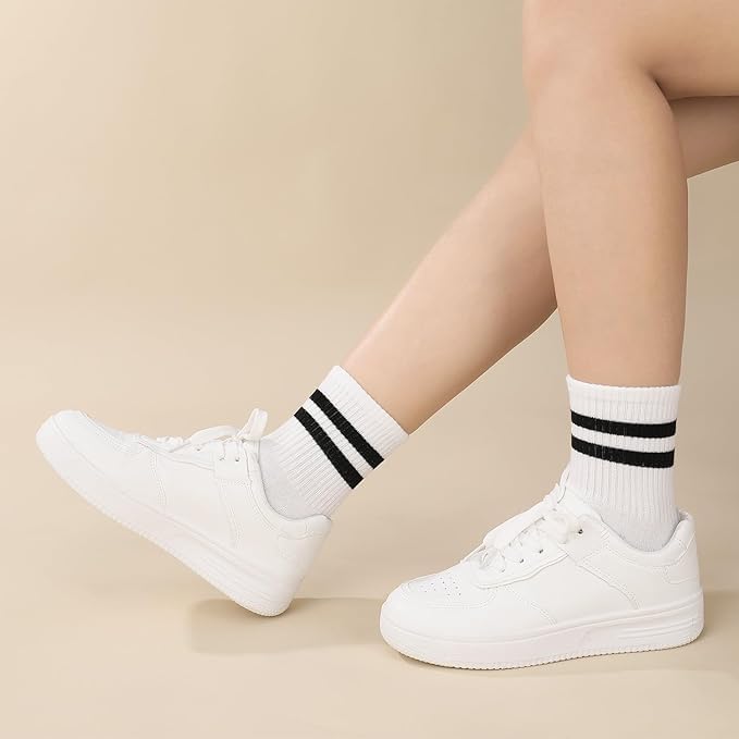 WKLOUYHE 6 Pairs Striped Crew Socks Tennis Socks Sports Socks Boy Girl White Sports White Crew Socks School Casual Work Walking_Free Size 3
