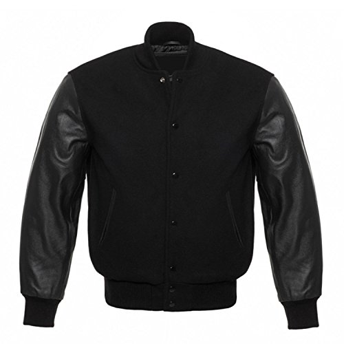 Image of Tripex Letterman Baseball School College Bomber Varsity Jacket Wool Blend & Genuine Leather Sleeves (Solid Black, L)