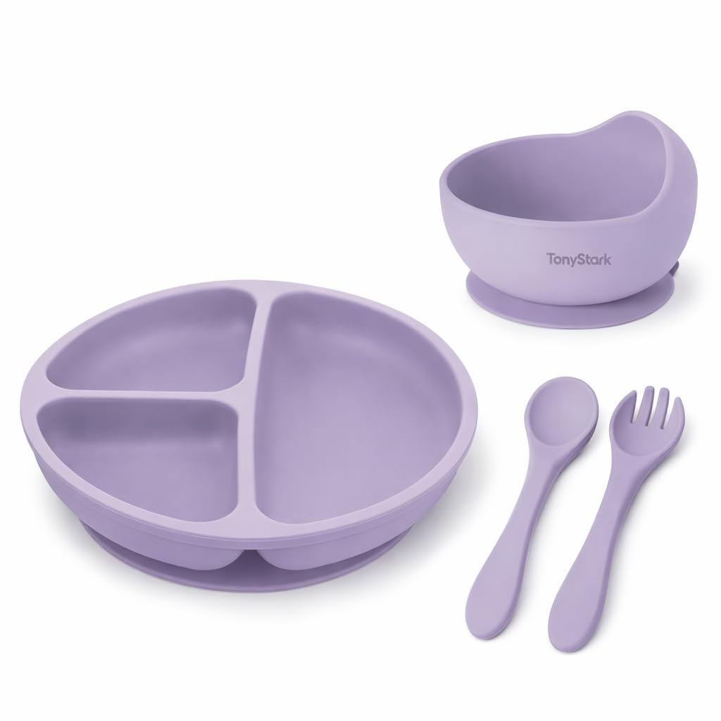 Tony Stark Feeding Set, Silicone Tableware Kit for Baby, Bowl, Fork, Spoon & Suction Plates (Lavender)