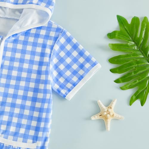 Image of Girls Boys Hooded Terry Coverups One Piece Swimsuits Summer Striped Trim Zip Up Short Sleeve Swim Cover Up Beachwear