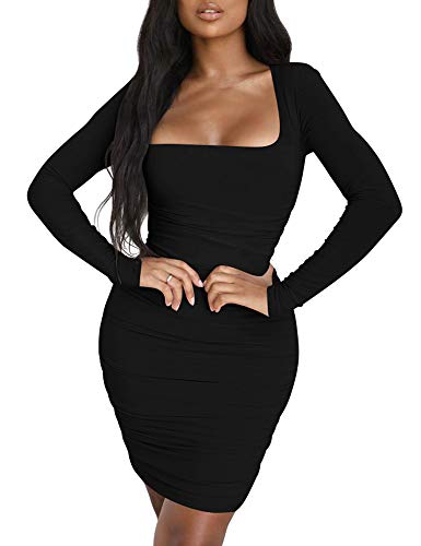 Kaximil Women's Sexy Bodycon Ruched Mini Club Dress Long Sleeve Basic Casual Dresses3