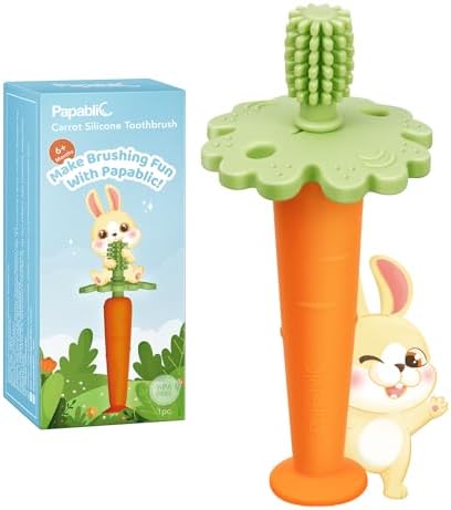 Papablic Baby Toothbrush Teether, Teething Toys 6-12 Months, 360° Carrot Teether Baby Stuffers, Infant Toothbrush with Suction Base