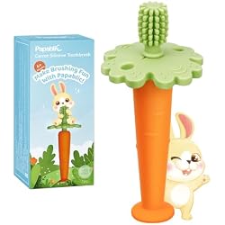 Papablic Baby Toothbrush Teether, 360° Carrot Toothbrush Teething Toy with Suction Base, Children's Day Gift Travel Essentials for Toddler Infants 6-12 Months