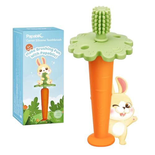Image of Papablic Baby Toothbrush Teether, 360° Carrot Toothbrush Teething Toy with Suction Base, Children's Day Gift Travel Essentials for Toddler Infants 6-12 Months