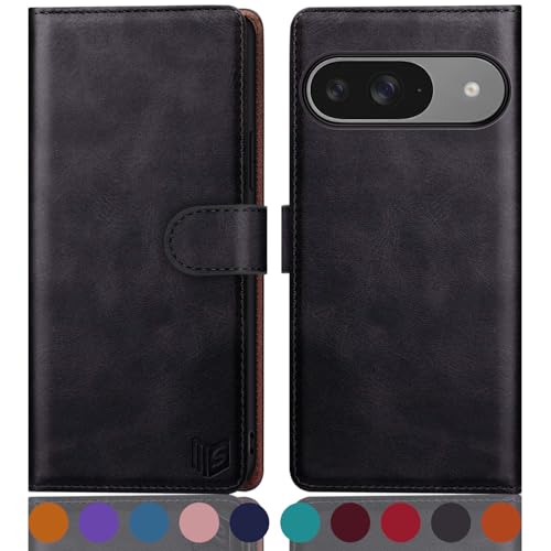 Étui portefeuille Google Pixel 9 et 9 Pro 6.3 SUANPOT en cuir noir avec blocage RFID