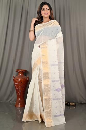 Image of eC ESHA'S COLLECTION Women's Kerala Cotton Floral Motif Printed Zari Bordered Tant Saree Without Blouse Piece