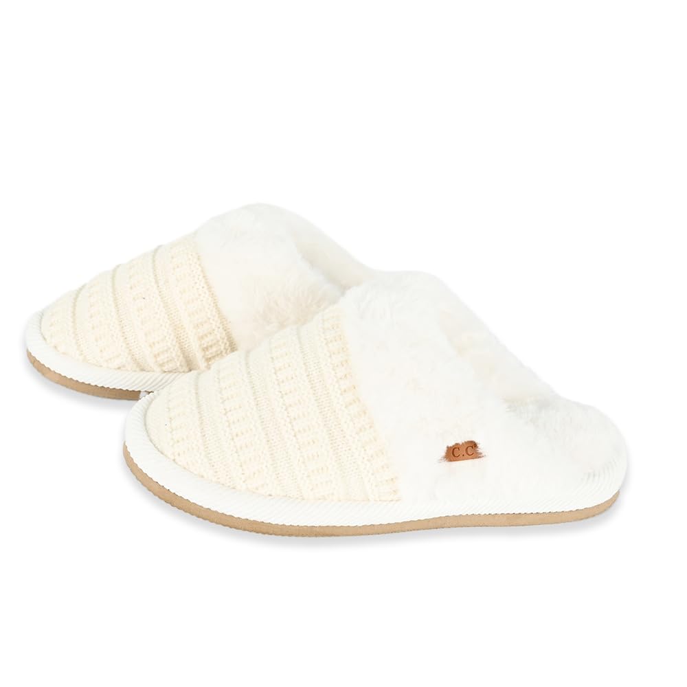 C.C Pattern Knitted Slip-On Slippers With Faux Fur Lining Indoor-Outdoor House For Women