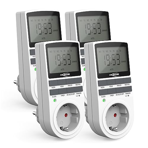 ANSMANN Digitale Wochenzeitschaltuhr AES4 (4 STK.), elektrische Zeitschaltuhr Steckdose für Innen, LCD, 10 konfigurierbare Programme, einbruchsichere Zufallsfunktion, Sommerzeitschaltung, max. 3680W
