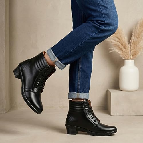 Image of KRAFTER Women's Lace-Up Ankle Boots - Fashionable Faux Leather Block Heel Booties Low Heel - Trendy Combat-Inspired Casual Shoes for Daily Wear, Black