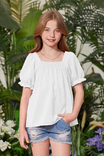 BesserBay Girls Summer Puff Sleeve Top Smocked Swiss Dot Ruffle Cuffs Blouse Spring Square Neck Shirt 6-14 Years2