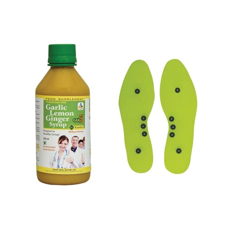 SKSB GLG5+ Karela Diabetes & Sugar Control Syrup Garlic,Lemon,Ginger,Karela,Turmeric & American Apple Cider Vinegar without Honey 225ml each with one No.Shoe Insole Green for Acupresure of Body Organs-image-40