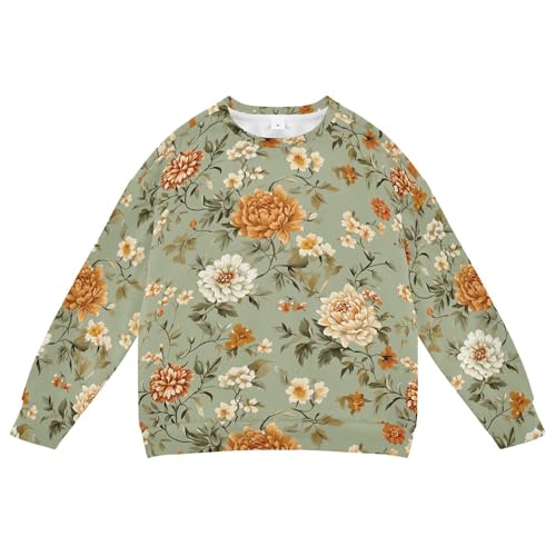 JUNZAN Flowers Orchid Peony Dahlia Sage Green Big Boys Sweatshirt Hoodie Crewneck Boys Sweat Shirt Camping 4T