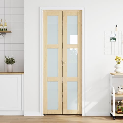 Roymelo Bifold Doors for 30"×80" Opening, Sliding Interior Tempered Frosted Glass Closet Folding Barn Door Slab with Concealed Hardware Kit Included, MDF Wood Panel, Needs to Assemble, DIY staining