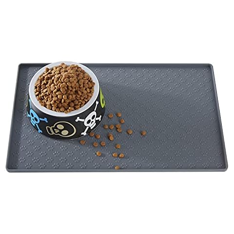 Petiry Feeding Mat, Non Slip Silicone Waterproof Pet Bowl Pad,Raised Outer Border,Perfectly Stop Food Spills and Water Messes Out to Floor for Puppy,Cat and Medium Dogs (18.9"x11.8", Grey) Cover