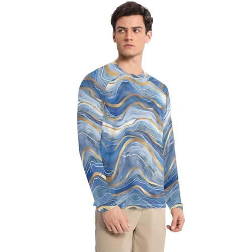 Bolaz Mens UV Protection Shirts Rash Guard Long Sleeve UPF 50+ Blue Gold White Watercolor Quick Dry S3