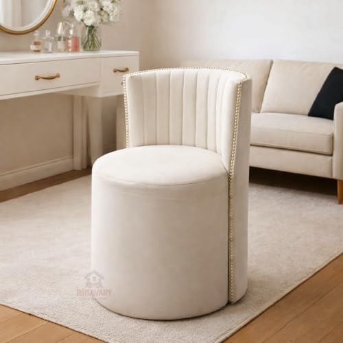 Image of Luxury Velvet Ottoman Chair Pouffe Stool-Modern Round Soft-Padded Chair for Dining Room, Living Room /Cafeteria Seating /Bedroom and Dressing Area /Ottoman with Backrest (Cream.)
