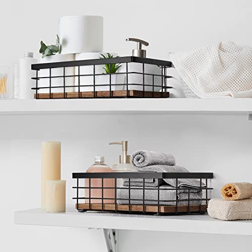 THYGIFTREE kleine Metallkorb, dekorative Holz Base Organizer für Bad, Küche, Korb für Toilettenpapier Lagerung, Zucker-Paket, Kaffeesirup, Gast Handtuch, Serviette (2-Pack Holzfarbe)