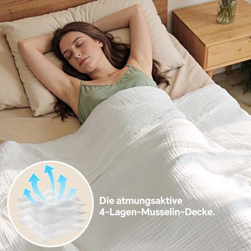 BEDELITE Musselin Decke 127x177cm Erwachsene Tagesdecke Baumwolle, Weiß – Ansicht 5