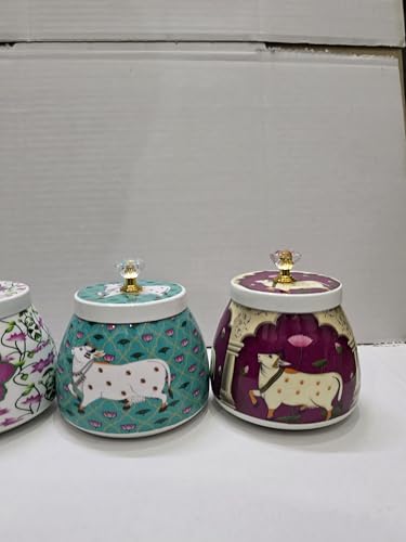 Image of 4-Inch Enamel Printed Pichwai Cow Jars - Decorative Metal Storage Jars with Lid - Traditional Indian Art Containers for Sweets, Spices, Pooja & Return Gifting