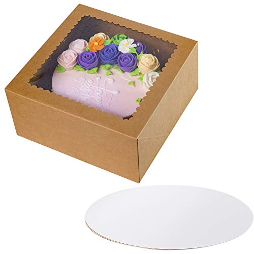 [15pcs]10x10x5 inch Cake Boxes with Boards Set,Brown Large Tall Sturdy Bakery Boxes with Window Lids Disposable Cardboard Container and Round Plain in Bulk 15 Pack of Each