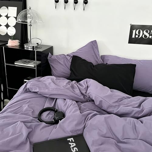 Image of mixinni Solid Purple Duvet Cover Set Queen Size - 100% Washed Cotton 3-Piece Minimalist Bedding Set, Ultra Soft Breathable Solid Color Purple Comforter Cover with Zipper & Corner Ties, Full Size