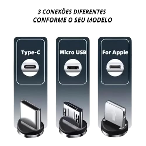 Cabo Magnético 3 em 1 - Em Nylon Reforçado Para Android e iPhone Com Todos os Conectores - Micro USB
