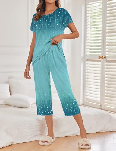 Image of Ekouaer Women's Capri Pajama Sets Print Short Sleeve Sleepwear Top and Capri Pants Soft Loungewear with Pocket