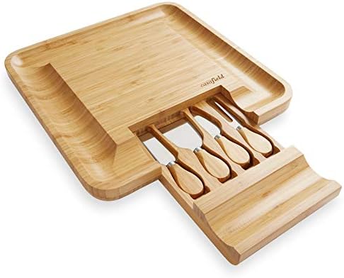 Casafield Organic Bamboo Cheese Cutting Board & Knife Gift Set – Wooden Serving Tray for Charcuterie Meat Platter, Fruit & Crackers – Slide Out Drawer with 4 Stainless Steel Knives Casafield Organic Bamboo Cheese Cutting Board & Knife Gift Set – Wooden Serving Tray for Charcuterie Meat Platter, Fruit & Crackers – Slide Out Drawer with 4 Stainless Steel Knives