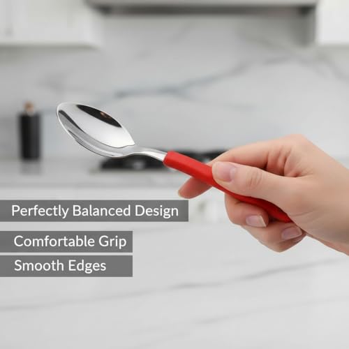 Image of Premium Stainless Steel Table Spoon Set of 6 | 15 cm Large Dinner Spoons, Mirror Finish | Flatware for Dining Table & Kitchen | Dishwasher Safe | Red