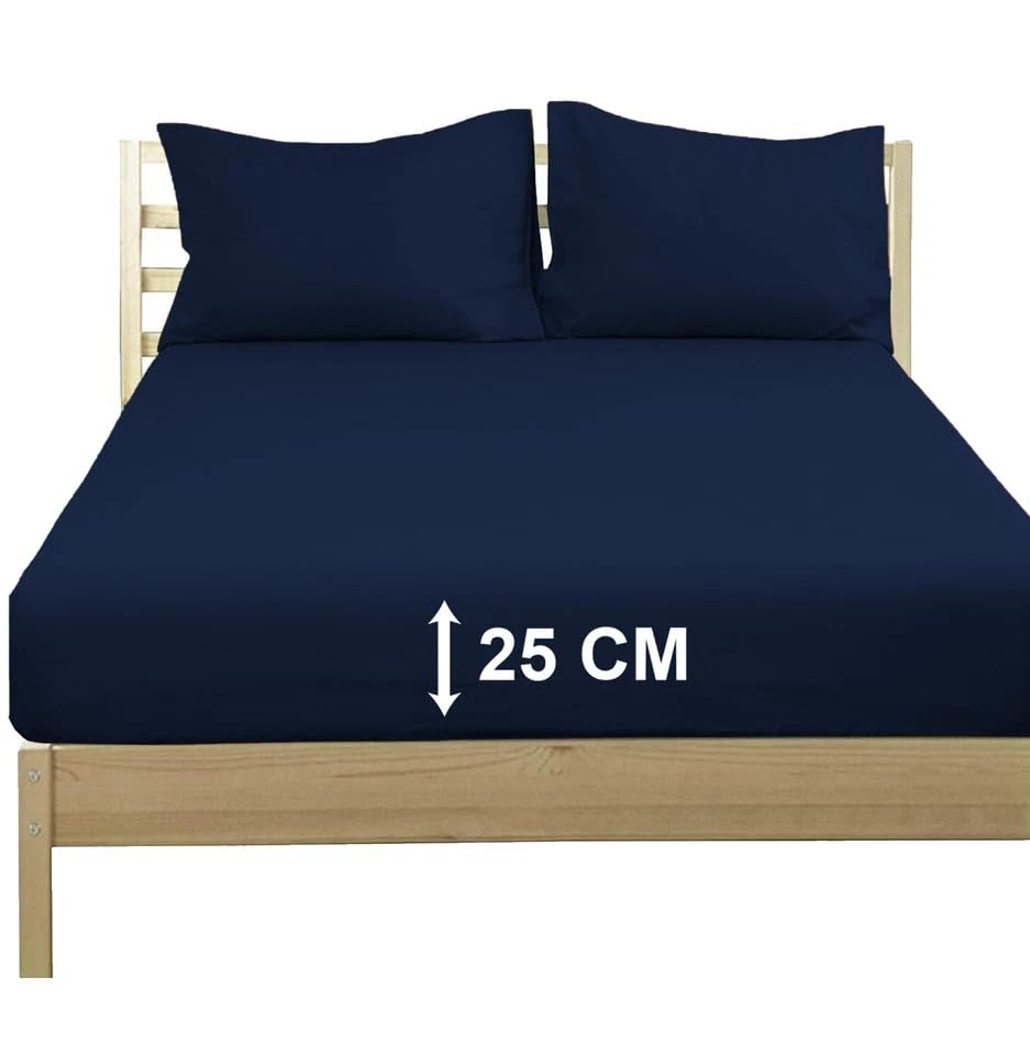 Extra Deep 25 cm Poly‑Cotton Fitted Sheet - 100 % Poly‑Cotton Bed Sheet Easy Fit - Soft, Durable & Wrinkle-Resistant Bedding (Navy, King)