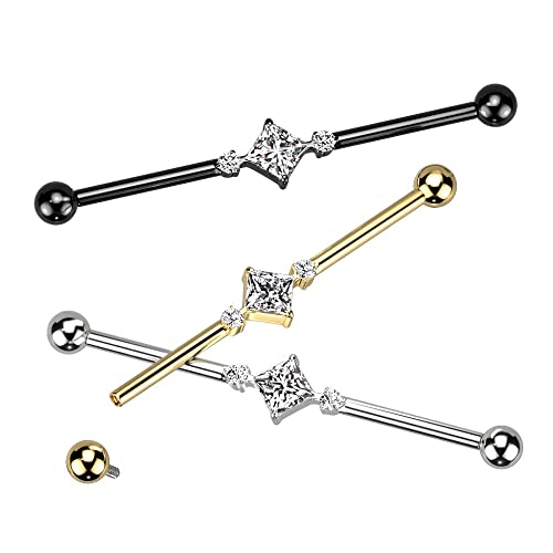 Pierced Owl 14GA G23 Implant Grade Titanium 2 Round CZ Crystals and Square Crystal Center Internally Threaded Industrial Barbell3